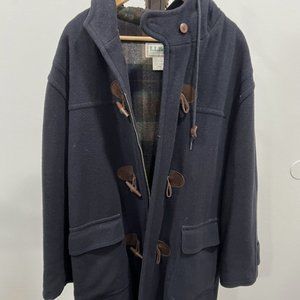 Mens Vintage LL Bean Navy Plaid Lined Duffle Toggle Coat USA Size Medium